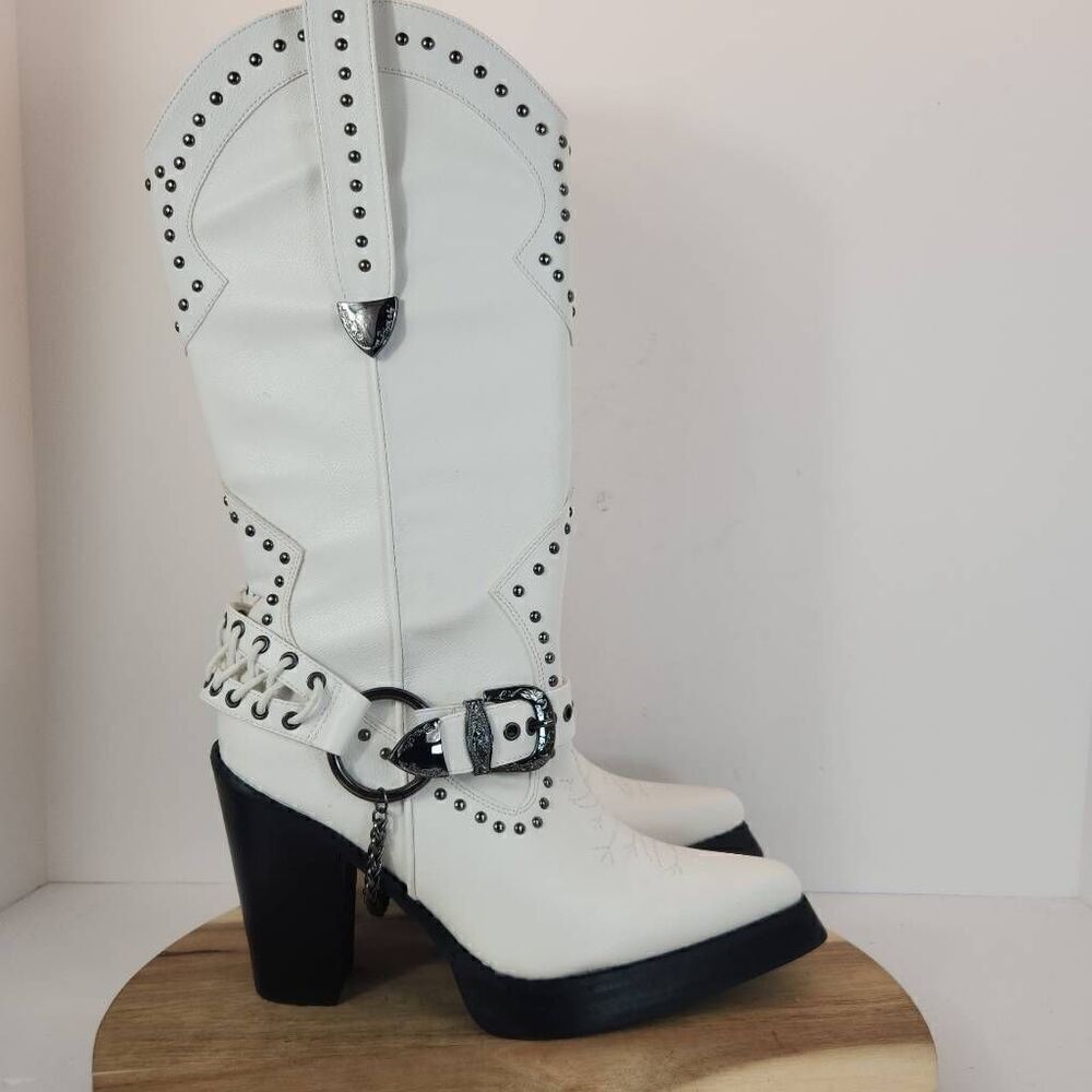 Dolls Kill Widow Harness Cowboy Boots Women's Size 9 M White